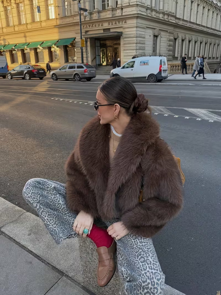 Gisenna - Faux Fur Oversized Cropped Lapel Jacket