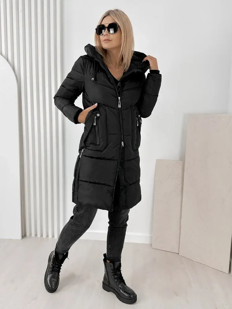 Noveilette  - Long Hooded Puffer Coat With Side Zippers