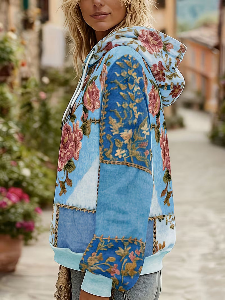 Zaneosica - Floral Patchwork Long Sleeve Hooded Top