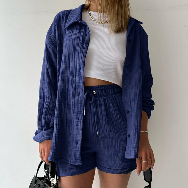 Katelyn - Two Piece Cotton Shirt And Shorts Set