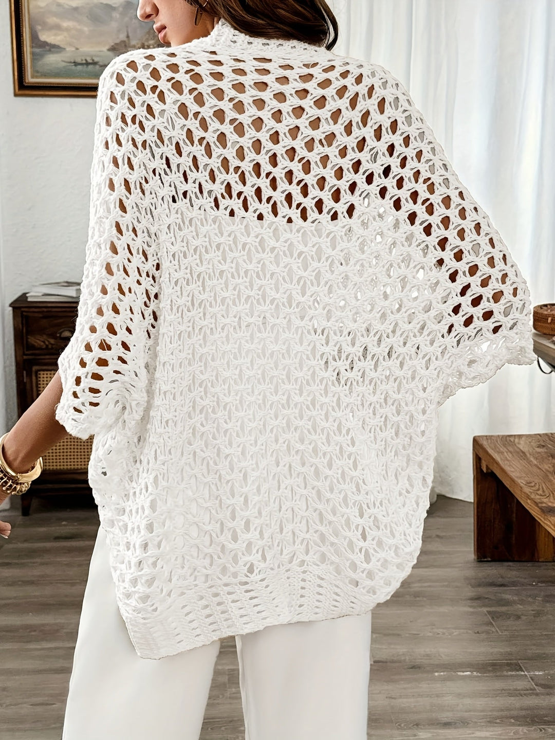Etleva - Elegant Hollow Cardigan With Batwing Sleeves