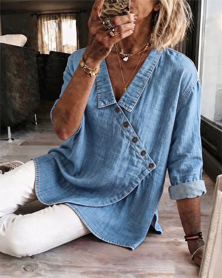 Olizia - Plain Blouse With Diagonal Button Neck