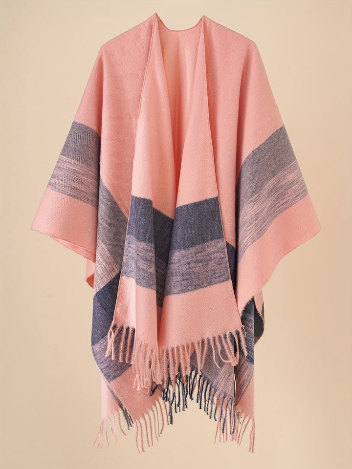 Lirelle - Geometric Pattern Fringed Poncho Shawl Wrap