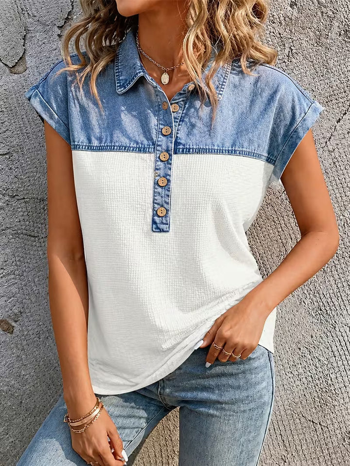 Haily - Casual Denim Patchwork Collar Top With Short Sleeve