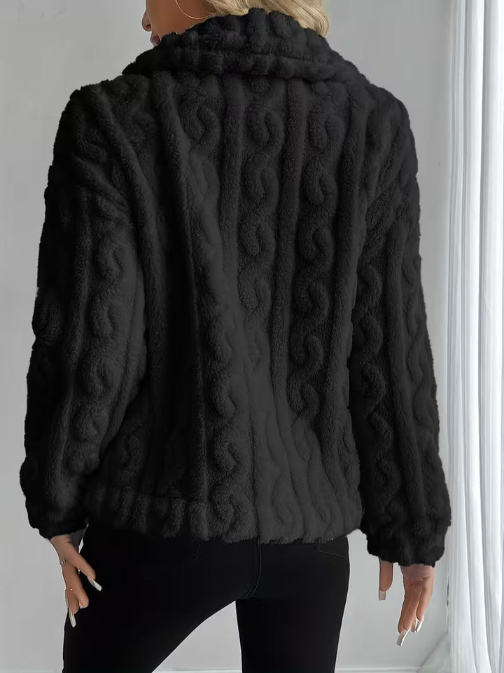 Rosaella - Cable Textured Fuzzy Teddy Jacket