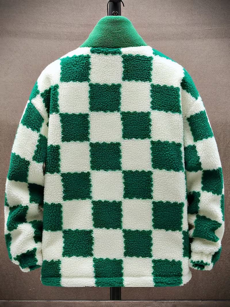 Opheeaa - Hooded Zip Up Checkered Fleece Jacket