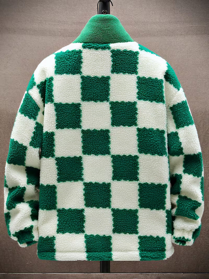 Opheeaa - Hooded Zip Up Checkered Fleece Jacket