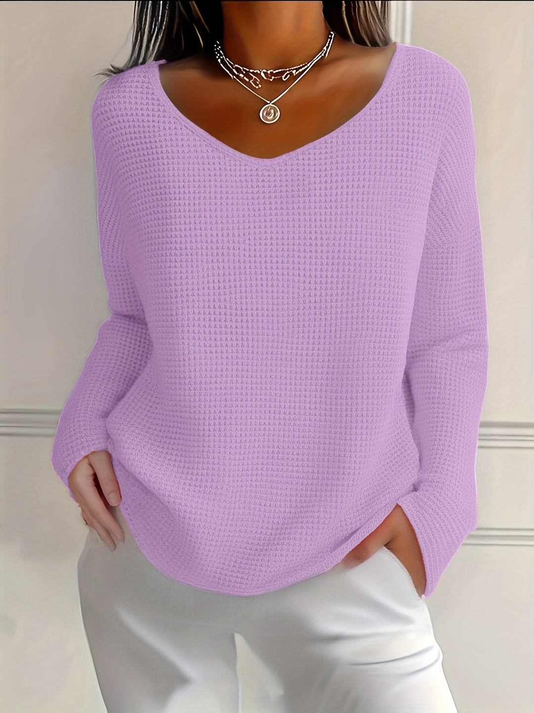 Aveliea - Waffle Long Sleeve V-Neck Shirt