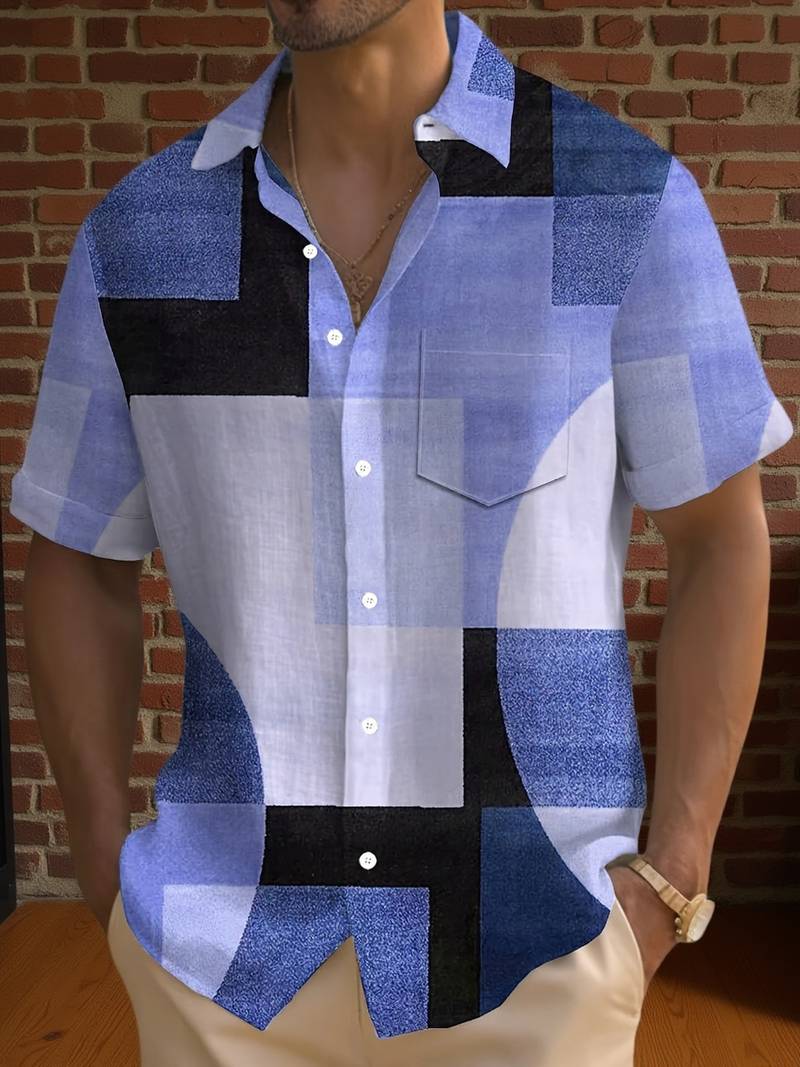 Boucher - Vintage Geometric Print Short Sleeve Shirt With Button