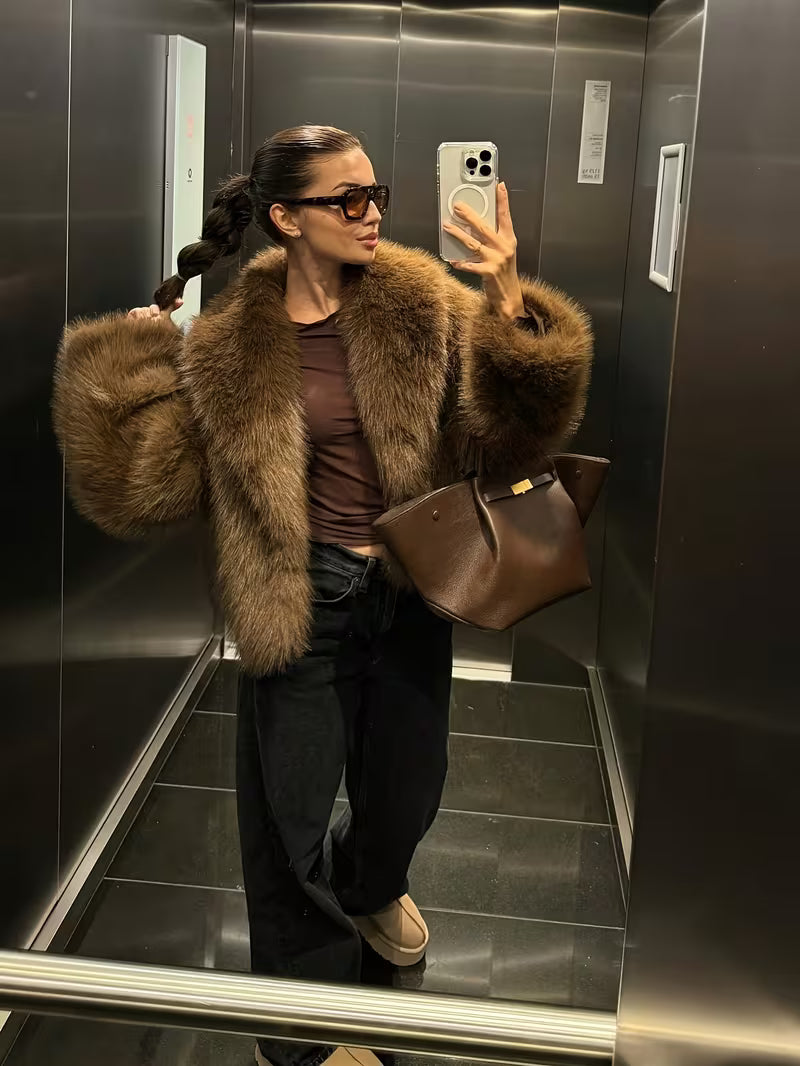 Gisenna - Faux Fur Oversized Cropped Lapel Jacket