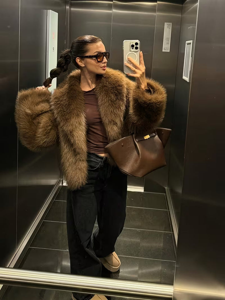 Gisenna - Faux Fur Oversized Cropped Lapel Jacket