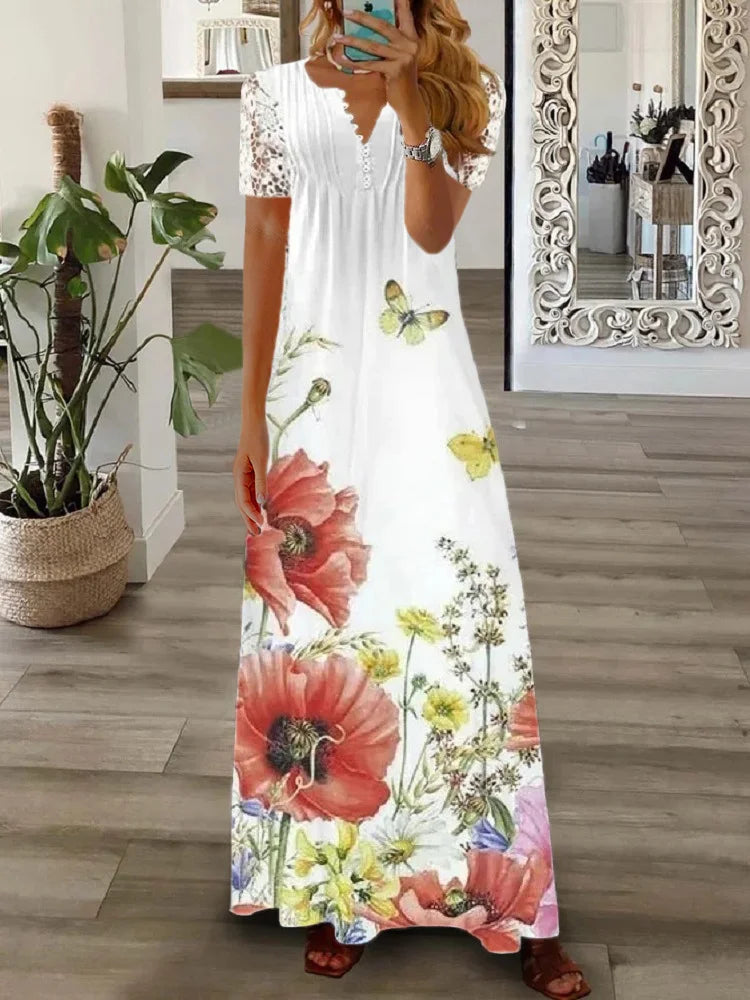 Gerda - Short Sleeve Dress With Lace Print