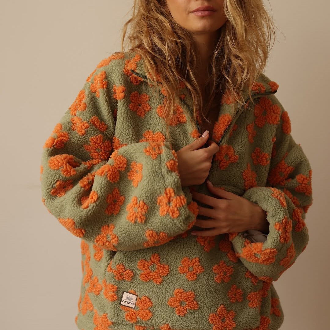 Azelma - Long Sleeve And Floral Print Fleece Sweater