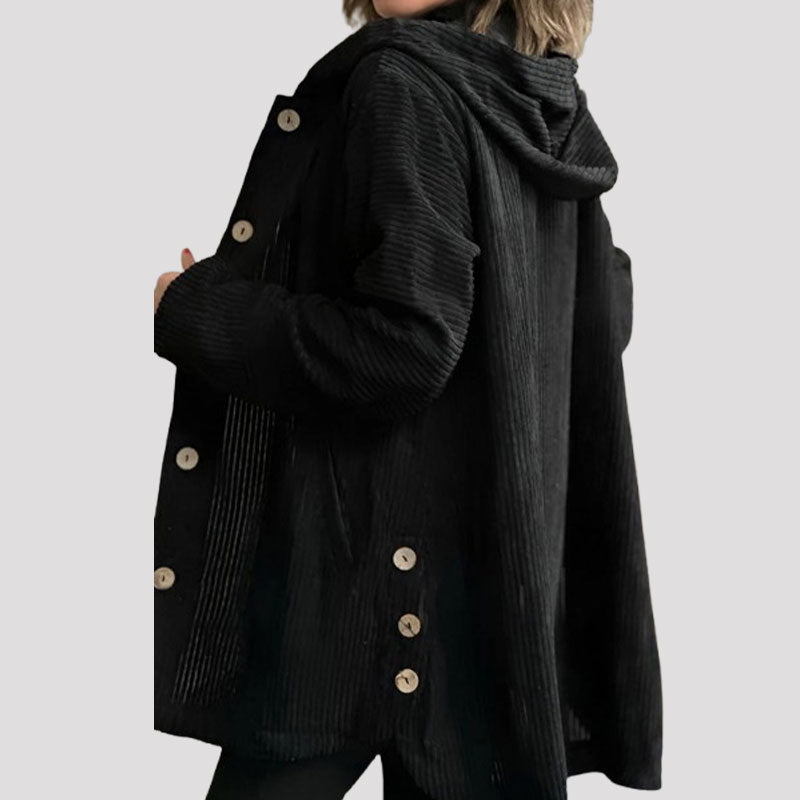 Daleny - Hooded Velvet Button Up Jacket