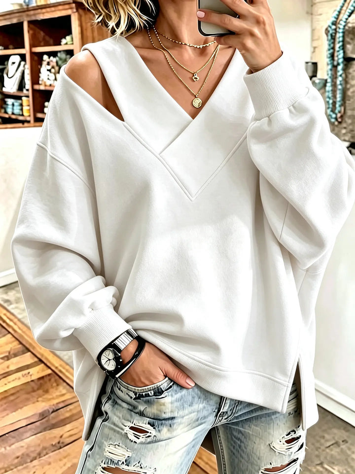 Opheyova - Chic Cutout V-Neck Oversized Sweatshirt
