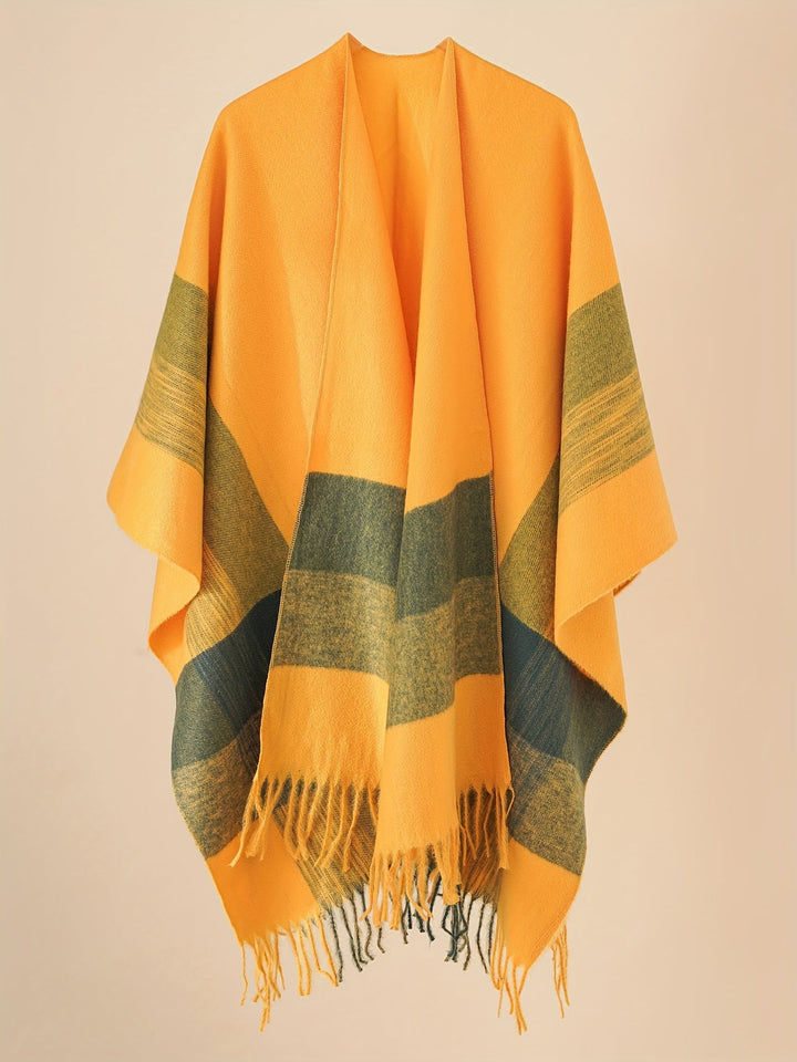 Lirelle - Geometric Pattern Fringed Poncho Shawl Wrap