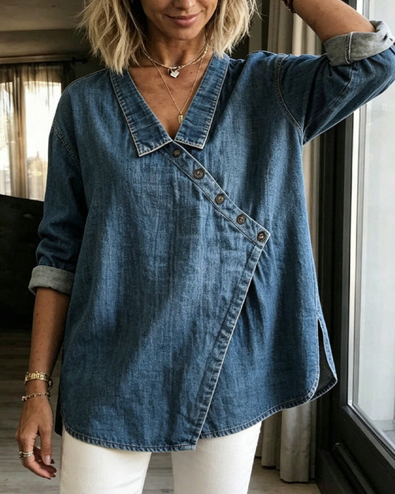 Olizia - Plain Blouse With Diagonal Button Neck