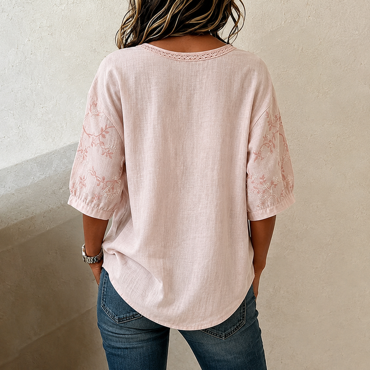 Tilija - Half Sleeve Tie Front Embroidered Blouse