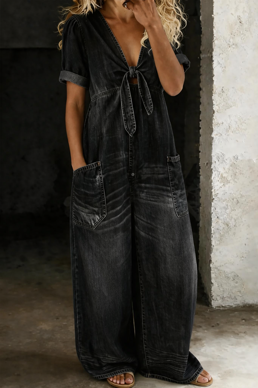 Zeta - V-neck Short Sleeved Jumpsuit