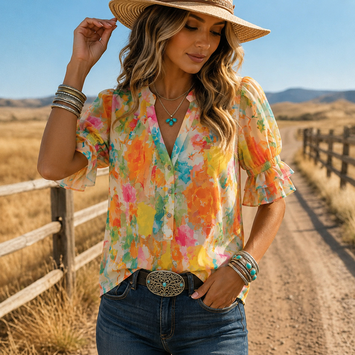 Suda - Floral Button Front Puff Sleeve Blouse