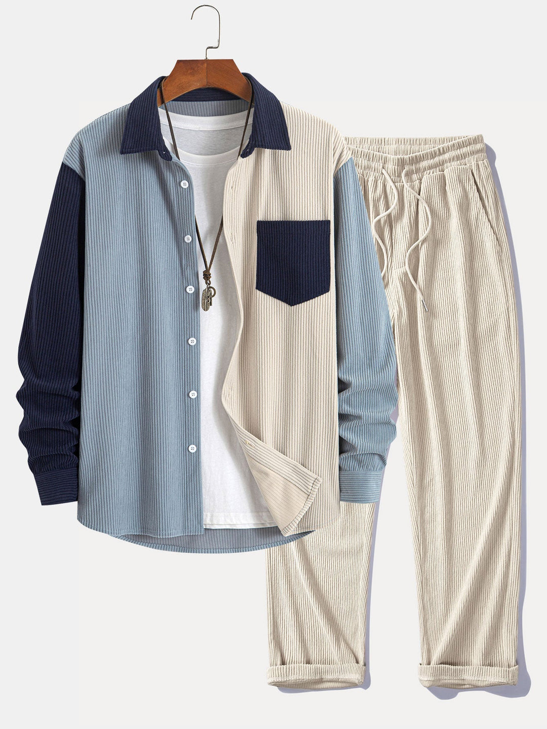 Dariel - Corduroy Patchwork Shirt And Pants Set