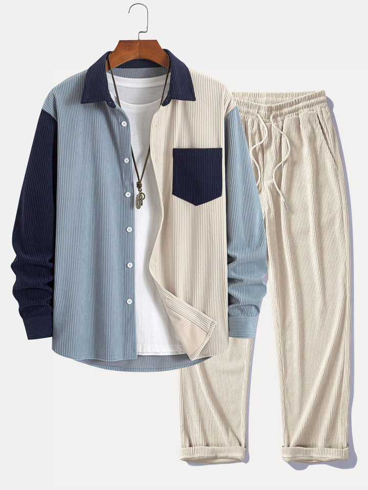 Dariel - Corduroy Patchwork Shirt And Pants Set