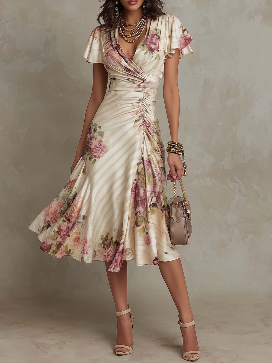 Neomi - Elegant Retro Floral Satin Dress