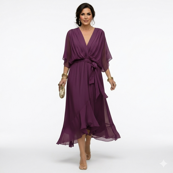 Zagda - Elegant V-Neck Midi Dress