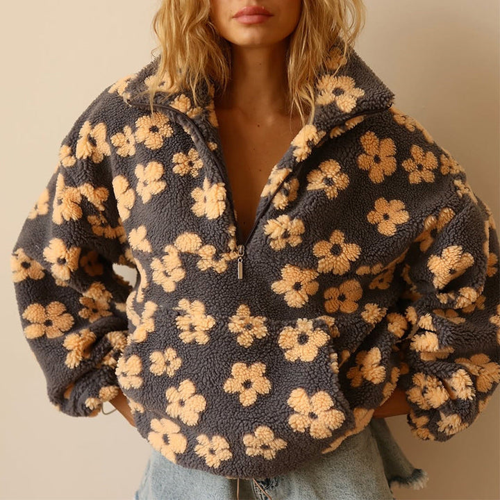 Azelma - Long Sleeve And Floral Print Fleece Sweater