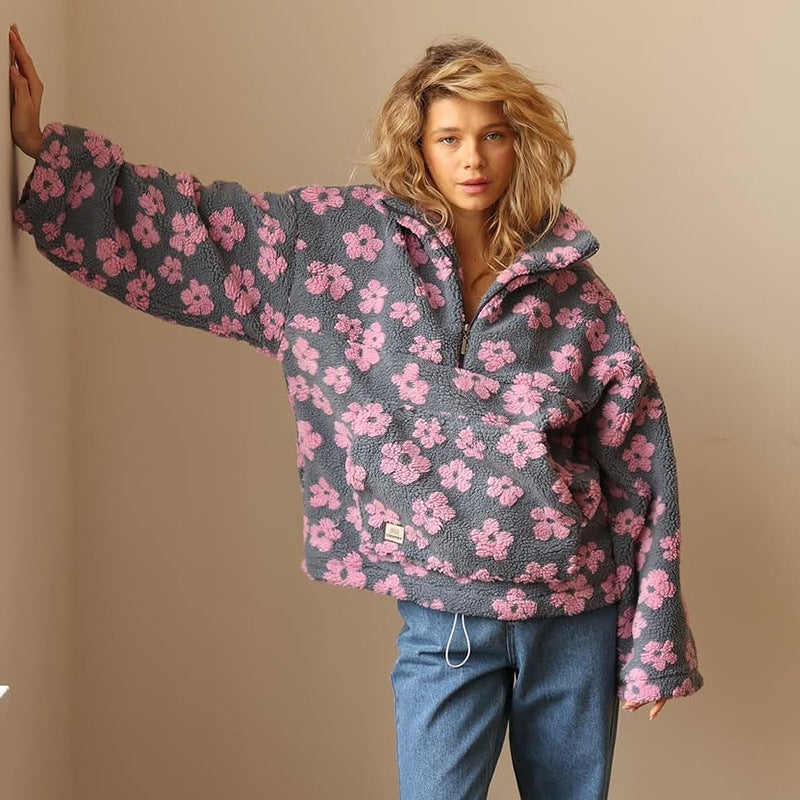 Azelma - Long Sleeve And Floral Print Fleece Sweater