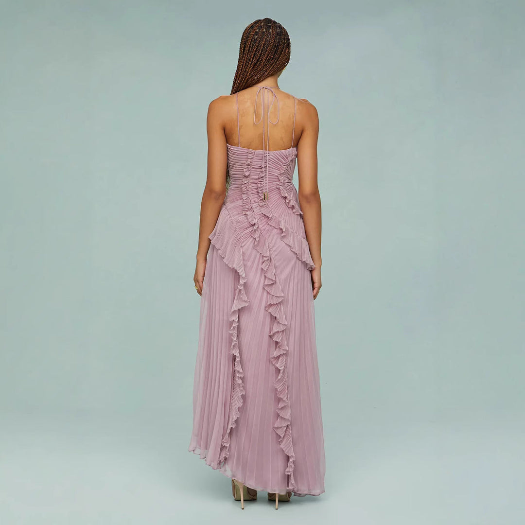 Maraike - Pleated Frill Halter Neck Maxi Dress