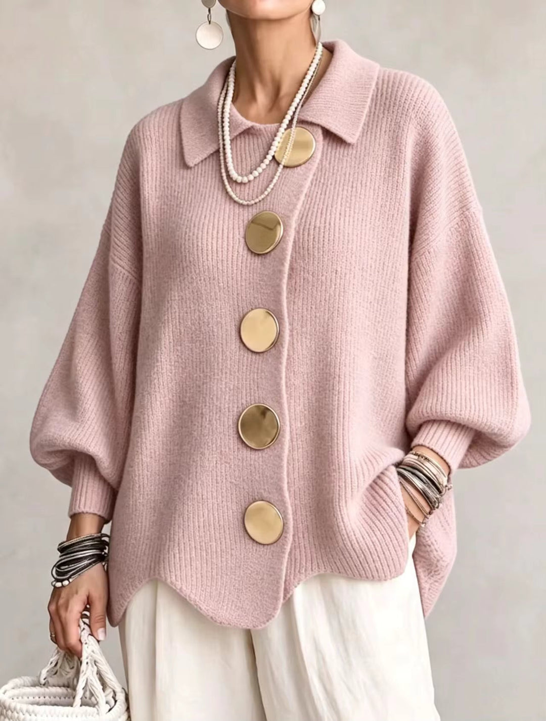 Lianea - Long Sleeve Collared Button Up Knit Cardigan