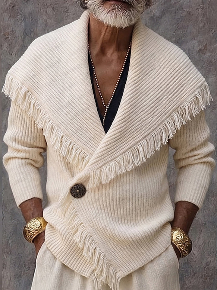 Leonette - Stylish Fringe Trim Shawl Collar Knit Cardigan