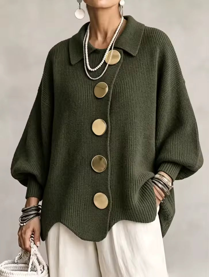 Lianea - Long Sleeve Collared Button Up Knit Cardigan