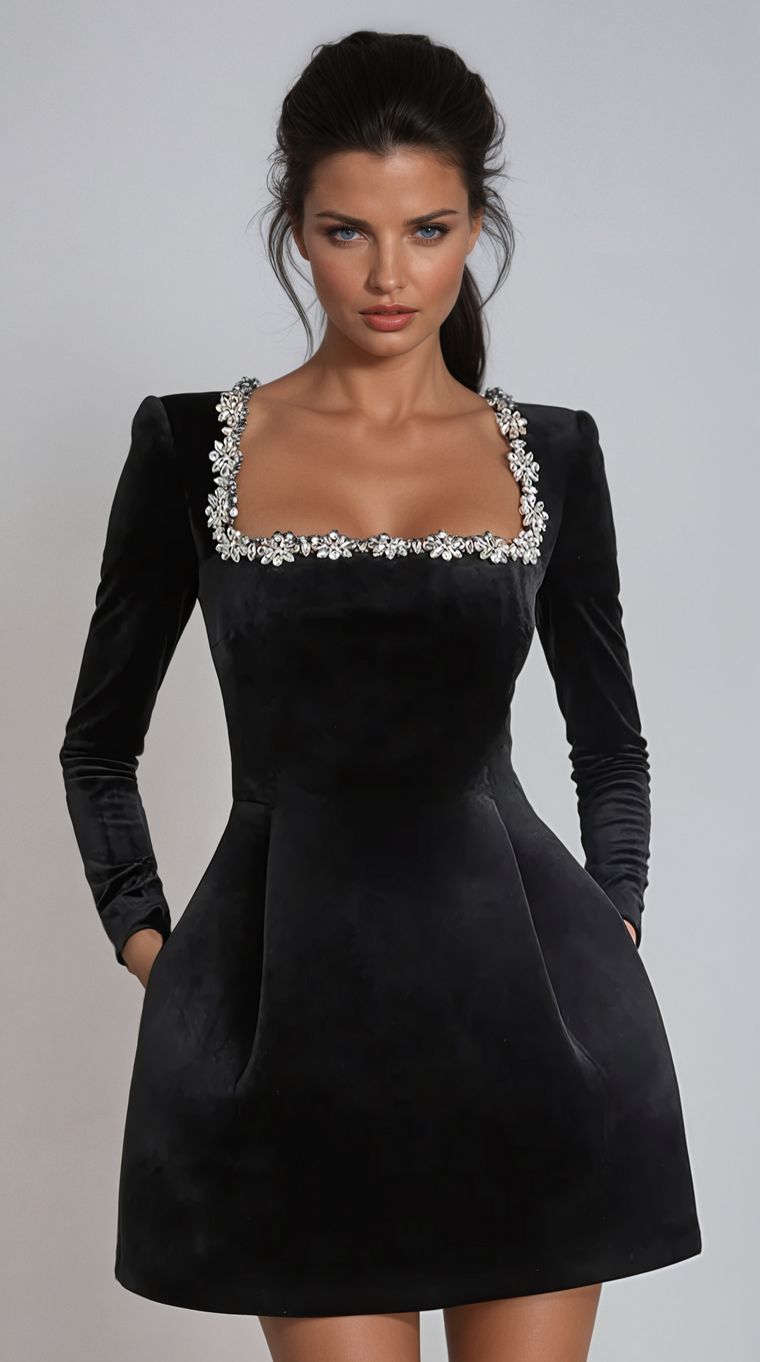 Kaseena - Square-Neck Embellished Velvet Mini Dress