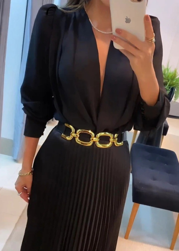 Madilynn -  Pleated Midi Dress with Belt