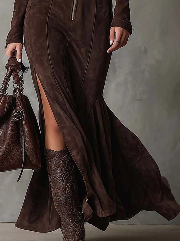 Nyima - Long Suede Dress with Zip and Belt