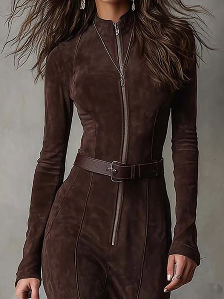 Nyima - Long Suede Dress with Zip and Belt