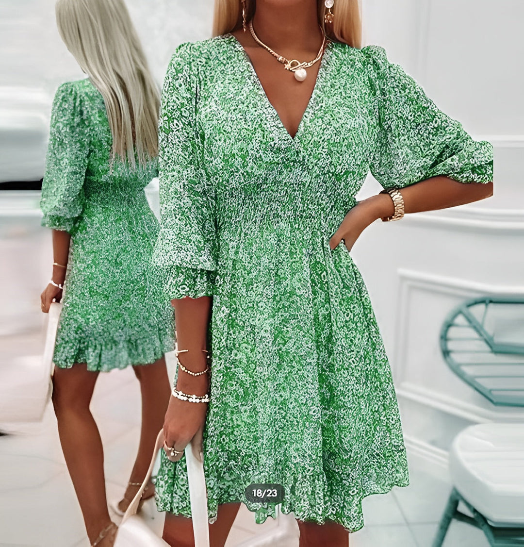 Devika - Elegant V-neck And Puff Sleeve Sumer Dress