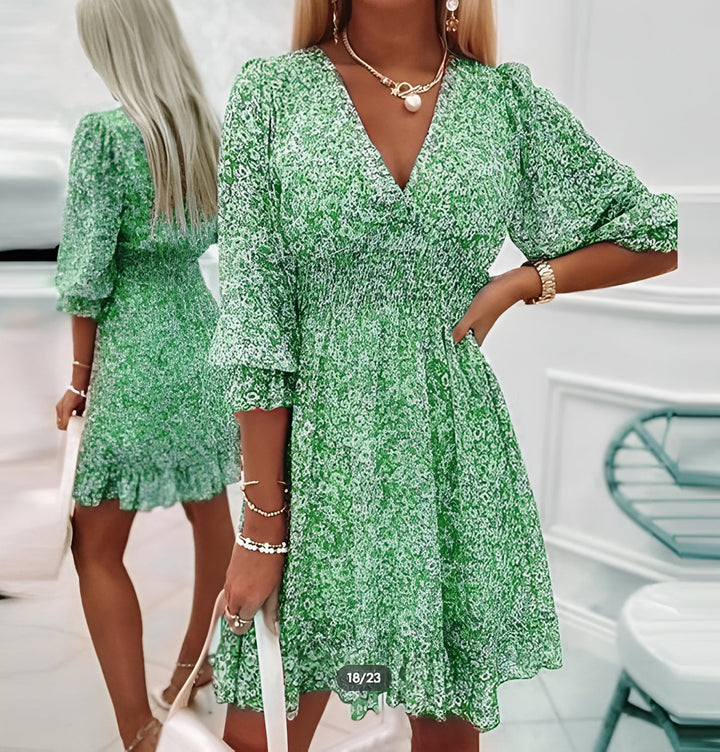 Devika - Elegant V-neck And Puff Sleeve Sumer Dress