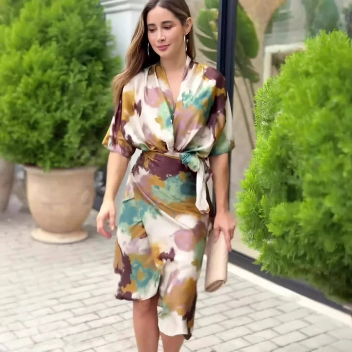 Natalja - Elegant Satin Dress with Abstract Print