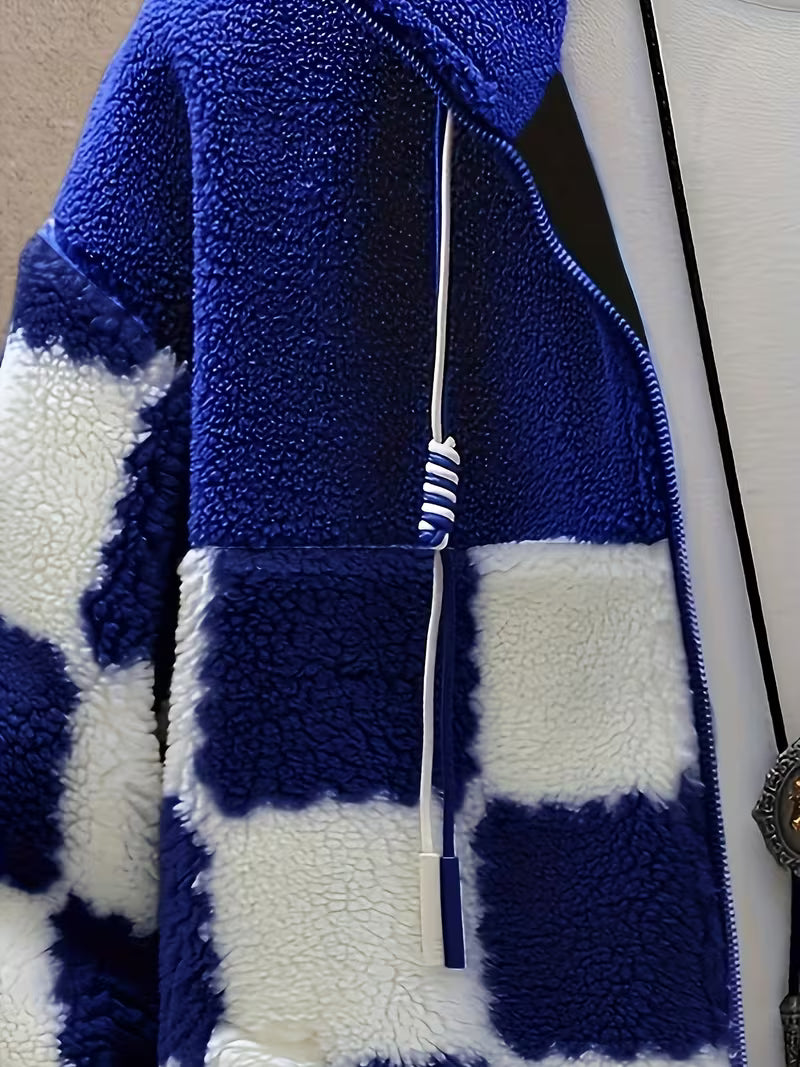 Opheeaa - Hooded Zip Up Checkered Fleece Jacket
