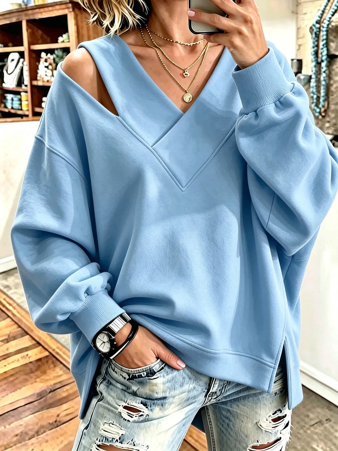 Opheyova - Chic Cutout V-Neck Oversized Sweatshirt