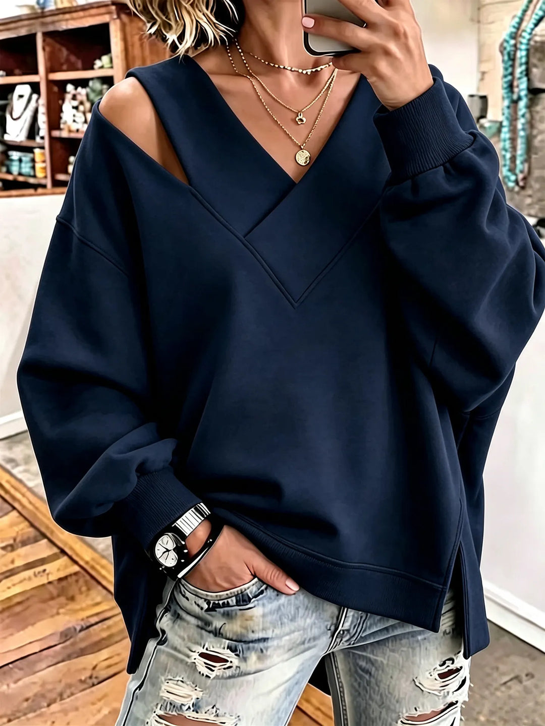 Opheyova - Chic Cutout V-Neck Oversized Sweatshirt