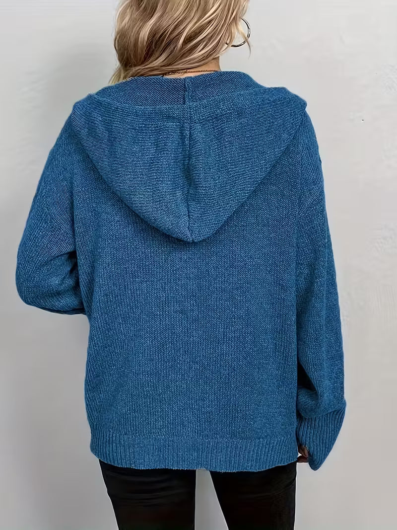 Karalina - Button Front Hooded Cable Knit Cardigan