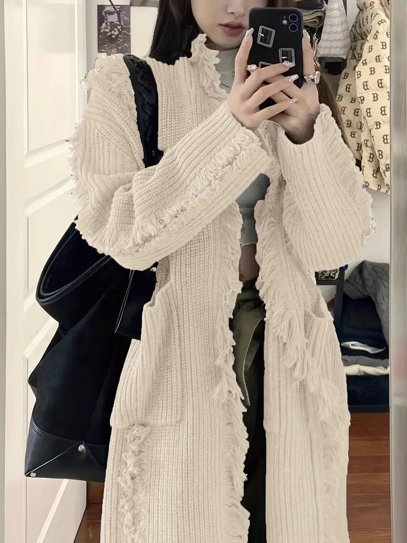 Ramziya - Elegant Long Tassel Cardigan With Pocket