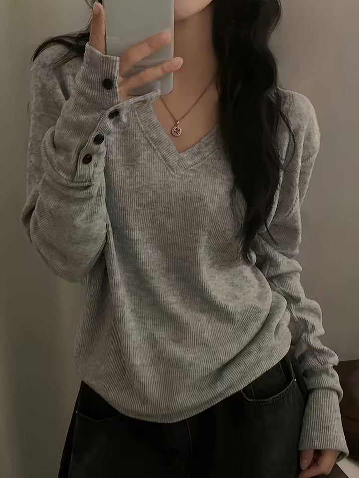 Yarena - V-neck Ribbed Button Cuff Sweater