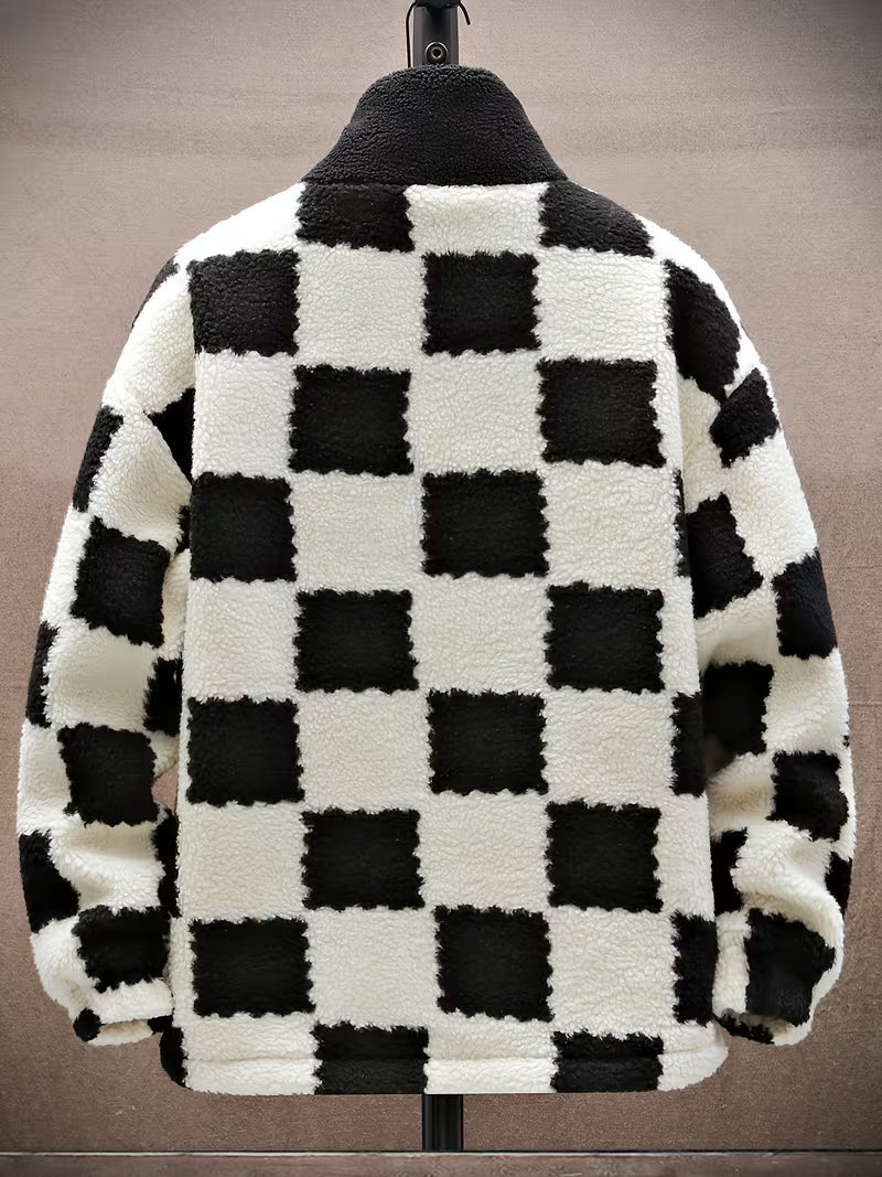 Opheeaa - Hooded Zip Up Checkered Fleece Jacket