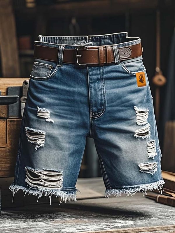 Men's Vintage Outdoor Functional Ripped Denim Shorts