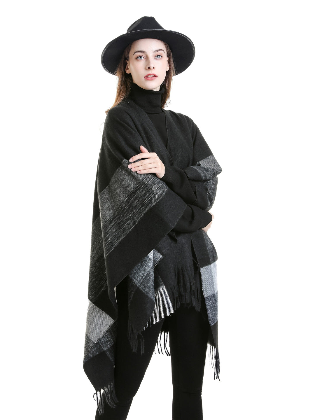 Lirelle - Geometric Pattern Fringed Poncho Shawl Wrap